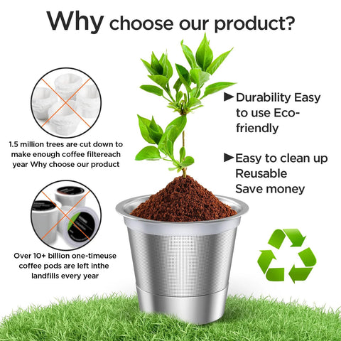 Universal stainless steel reusable K cups for Keurig 1.0 and 2.0 machines, easy to clean eco friendly two pack set with plant