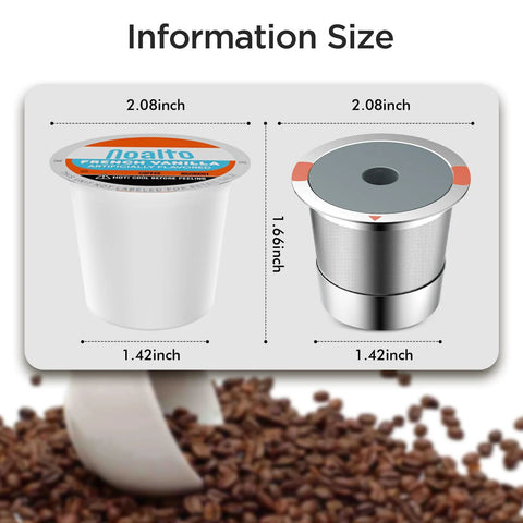 Universal stainless steel reusable K cups for Keurig 1.0 and 2.0 machines dimensions with coffee beans in background