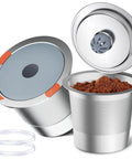 Universal stainless steel reusable K cups for Keurig 1.0 and 2.0 machines shown with lids open and coffee grounds visible