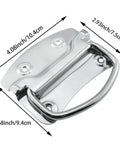 Heavy Duty Stainless Steel Ring Pull Folding Handle Set for drawers, cabinets, doors, tool boxes; includes screws; dimensions shown