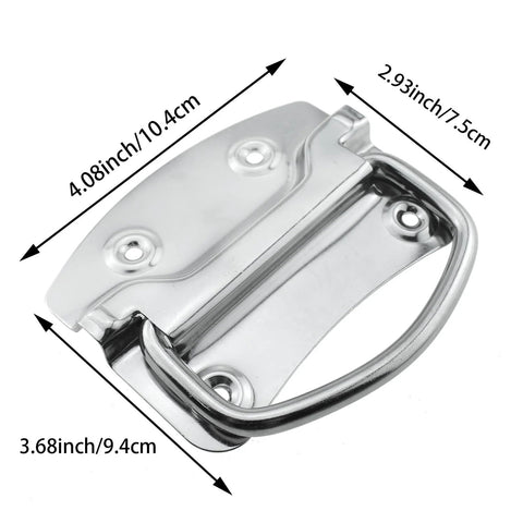 Heavy Duty Stainless Steel Ring Pull Folding Handle Set for drawers, cabinets, doors, tool boxes; includes screws; dimensions shown