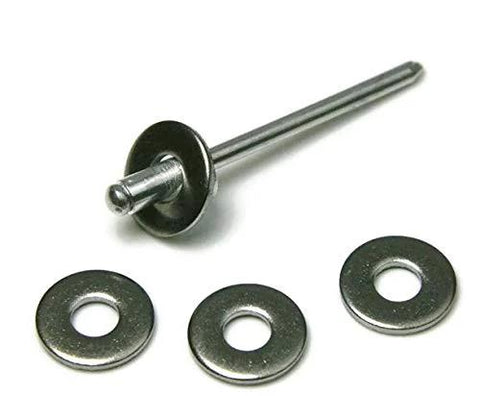 Stainless Steel Rivet Back-Up Washer Kit For 1/8, 5/32, 3/16 Inch Rivets with washers and rivet displayed