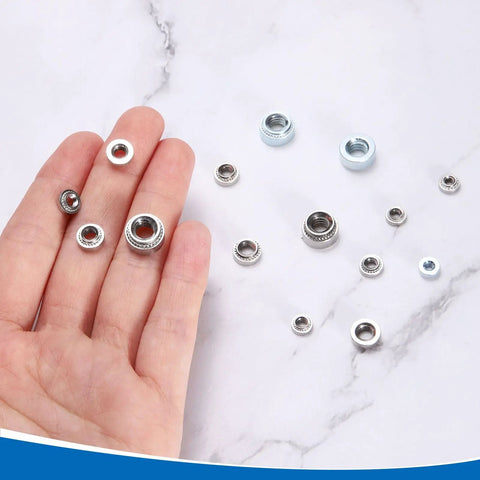 Self Clinching Nuts Set 200 Pcs Size 8 32 Stainless Steel 304 Rivet Nut Fasteners on hand and marble surface