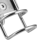 Close-up of stainless steel fishing rod holder clamp with circular loops for 32mm poles