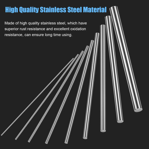 Stainless Steel Rods Assortment Kit for DIY Crafting and Model Making 27 Piece Set showcasing various diameters against text background.