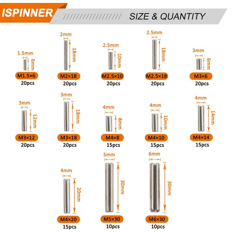 220pcs Roll Pin Set, Stainless Steel Slotted Spring Pin Assortment Kit M1.5 M2 M2.5 M3 M4 M5 M6 size and quantity chart