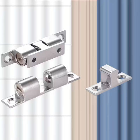 Quality Stainless Steel Double Roller Catch Door Latch for Cabinets and Interior Doors with Smooth Spring Loaded Rollers on wooden surface 