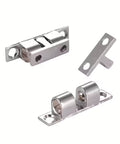 Stainless Steel Double Roller Catch Door Latch for Cabinets and Interior Doors with Smooth Spring Loaded Rollers on wooden surface view