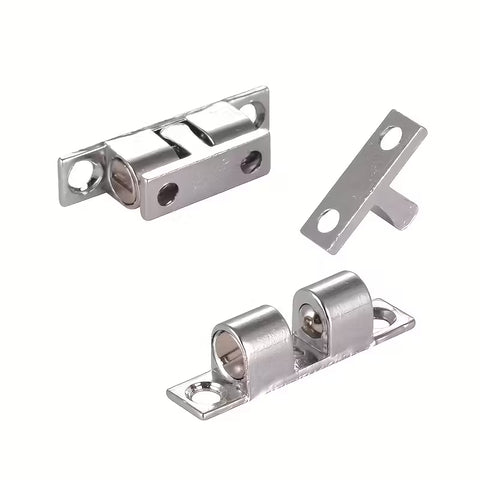 Stainless Steel Double Roller Catch Door Latch for Cabinets and Interior Doors with Smooth Spring Loaded Rollers on wooden surface view