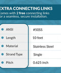 Table detailing Stainless Steel Roller Chain No 50 Pitch Five Eighth Inch Ten Foot Length With Two Free Connecting Links specifications
