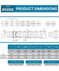 Product dimensions chart for Stainless Steel Roller Chain No 50 Pitch Five Eighth Inch Ten Foot Length With Two Free Connecting Links.