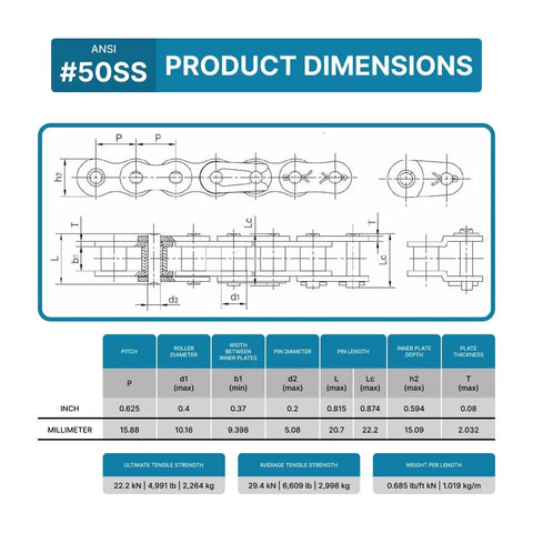 Product dimensions chart for Stainless Steel Roller Chain No 50 Pitch Five Eighth Inch Ten Foot Length With Two Free Connecting Links.