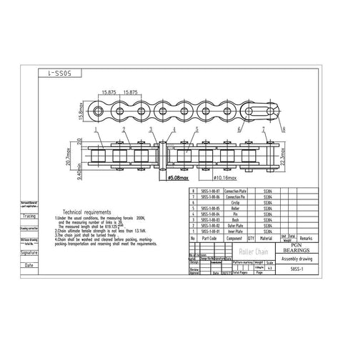 Technical drawing of Stainless Steel Roller Chain No 50 Pitch Five Eighth Inch Ten Foot Length With Two Free Connecting Links.