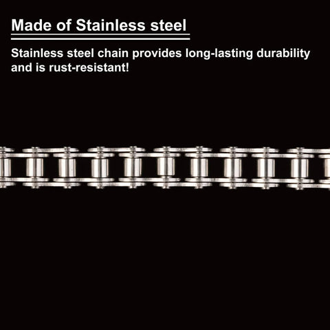 ANSI 40SS 08A Stainless Steel Roller Chain 10 Feet Single Strand displayed against black background, close-up view