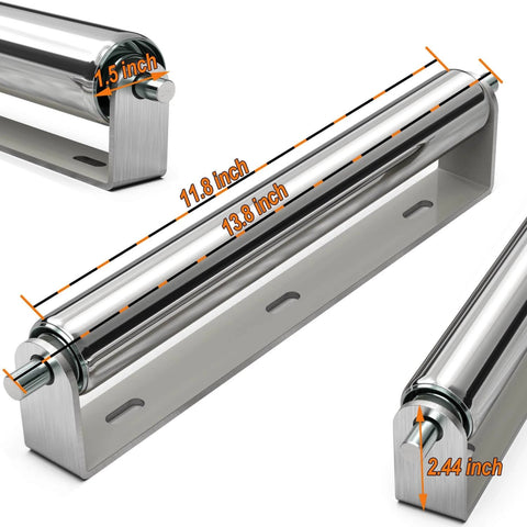 1.5" Diameter Stainless Steel Roller with Bracket Set, 11.8" BF Length, 2-Pack, showing multiple angles and dimensions