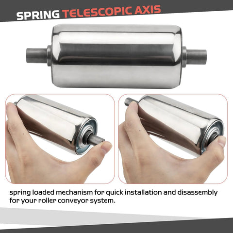 Two Pack Stainless Steel Conveyor Rollers, 2 Inch Diameter By 4 Inch Length, gravity transmission replacement shown with spring axis