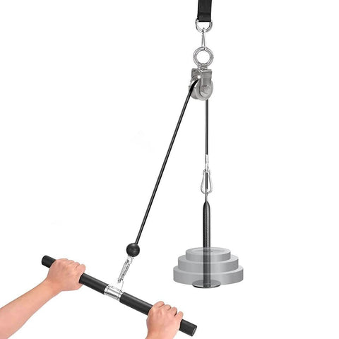 2 Inch U-Type Pulleys for Rope, Stainless Steel M10 Swivel Pulley Block with Bearing, in use at a gym, weights attached