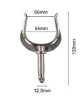 Front view of a 316 stainless steel rowlock for rowboat/dinghy side-mount; U-shaped with mounting shaft.