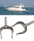 Rowlocks: close-up of two 316 stainless steel side-mount oar locks for rowboats; marine-grade, adjustable