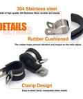 Close-up of 52 Piece Cable Clamps Assortment Kit With 304 Stainless Steel Rubber Cushioned Pipe Clamps, detailing materials and design.