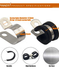 52 Piece Cable Clamps Assortment Kit With 304 Stainless Steel Rubber Cushioned Pipe Clamps In Six Sizes, front view of clamps.