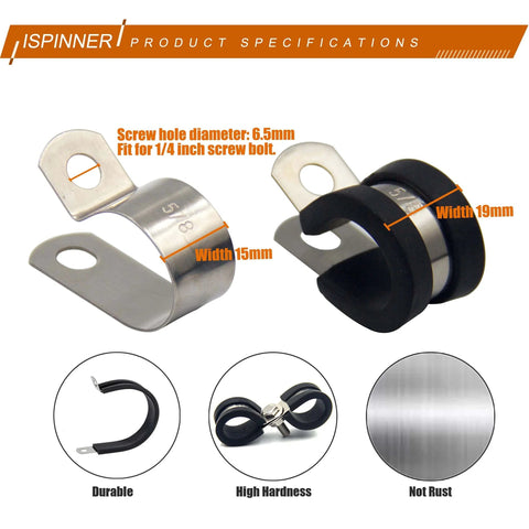 52 Piece Cable Clamps Assortment Kit With 304 Stainless Steel Rubber Cushioned Pipe Clamps In Six Sizes, front view of clamps.