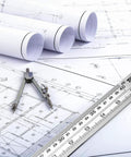 Stainless Steel Ruler Metal Straight Edge 6 Inch Ruler Set 12 Pack shown with drafting blueprints and compass