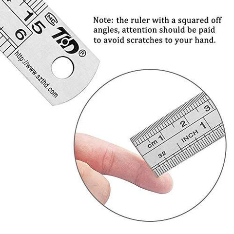 Close-up of Stainless Steel Ruler Metal Straight Edge 6 Inch with safety edge and precise measurements shown.