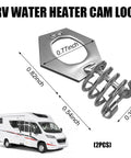 Two Pack Stainless Steel RV Water Heater Cam Lock Door Latch Fastener with Hook Twist Assembly shown with dimensions.