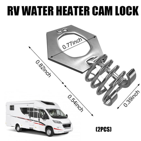 Two Pack Stainless Steel RV Water Heater Cam Lock Door Latch Fastener with Hook Twist Assembly shown with dimensions.