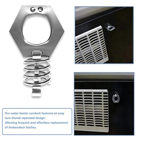 Close-up of durable stainless steel RV water heater cam lock showcasing rustproof, corrosion-resistant security and door installation.