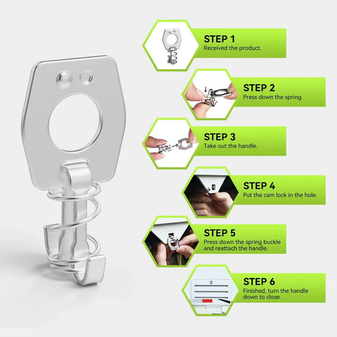 Install guide showing steps for replacing a broken water heater door latch quickly with a lightweight, durable stainless steel cam lock fastener; this 2-pack ensures secure, easy access and reliable operation for RV campers on the road.