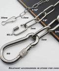 ✝️ 1/16 inch(1.5mm) Wire Diameter Stainless Steel Safety Chains 20 inch Long Link Rings Light Duty Coil Chain for Hanging Pulling Towing, 1/16"x 20" (2Pcs) displayed with metal accessories.