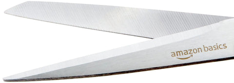 Close-up of stainless steel scissors with PVD-coated blades, part of a 3-pack multipurpose office and craft shears for superior cutting power.