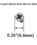 Close-up of stainless steel screw with 0.26 inch diameter for 23mm diameter bearing steel shower door wheels with nylon rollers.