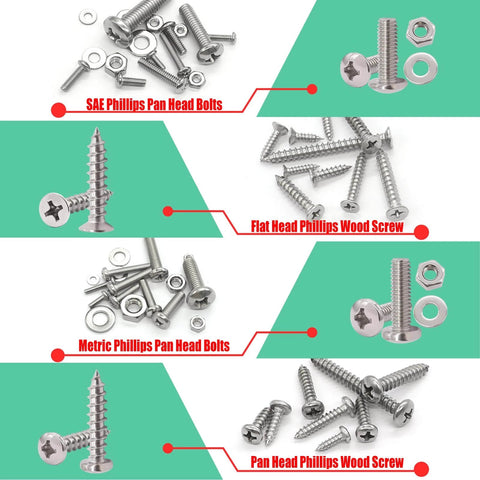 Twidec/2002PCS 304 Stainless Steel Hardware Assortment Kit, Metric & SAE screws including Phillips pan head and flat head screws.