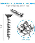 Close-up of stainless steel screw with smothing head, deep thread, 0.79 inch length, ideal for uniform stress fastening