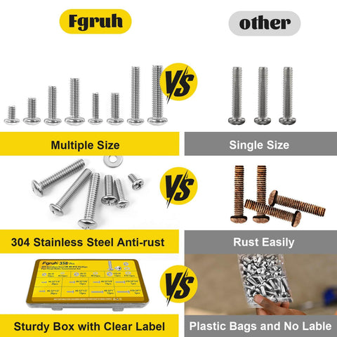 Comparison image showing 358 Pcs Machine Screws and Nuts Assortment Kit with #6-32 #8-32 #10-24 Phillips Pan Head Bolts made from 304 stainless steel.