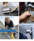 Stainless Steel Seam Roller for PVC TPO EPDM Roofing and Vinyl Decking, showing use in roof installation and detailed views.