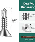 Detailed dimensions of 300pcs #10 x 3/4 410 Stainless Steel Flat Head Self Drilling Screws, featuring measurements and cross wrench.
