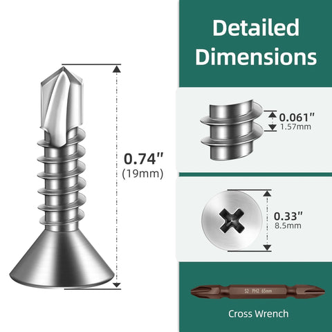 Detailed dimensions of 300pcs #10 x 3/4 410 Stainless Steel Flat Head Self Drilling Screws, featuring measurements and cross wrench.