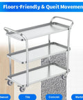 304 stainless steel utility cart with 2 inch stainless steel caster wheels set of 4 with brakes, silent non marking TPR wheels shown