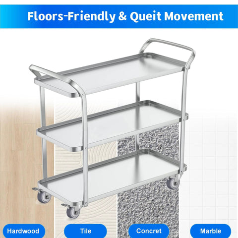 304 stainless steel utility cart with 2 inch stainless steel caster wheels set of 4 with brakes, silent non marking TPR wheels shown