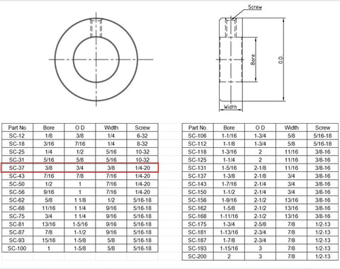 Technical diagram of stainless steel axle shaft collars with set screw, highlighting dimensions like 3/8 inch bore and size options.