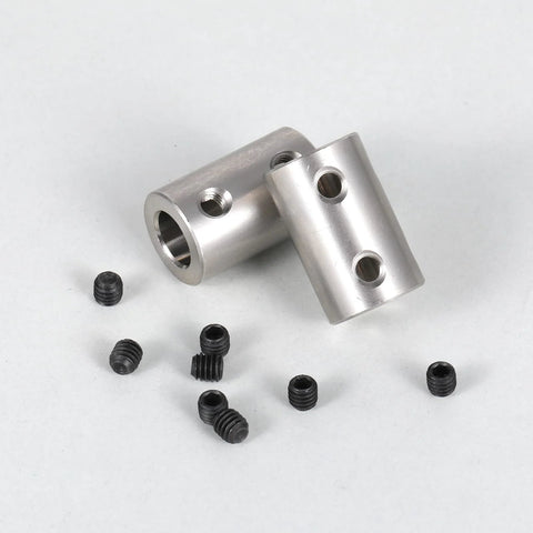 Two Pack 8mm to 8mm stainless steel shaft couplers with set screws for 3D printer motors and driven gears, shown on a white background.