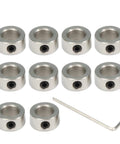 Stainless Steel 6mm Shaft Lock Collar Set For CNC Parts And 3D Printers 10 Pieces with M3 wrench and screws visible, arranged front view.