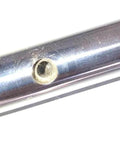 Close-up of SFS16 x 590mm NB stainless steel shaft with 10mm depth hole, tapped on both ends for stable alignment in mechanical systems.