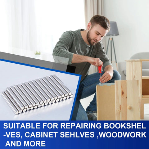 Stainless Steel Shelf Dowel Pins 5mm By 40mm, 32 Pack, used in cabinet assembly, anti rust for precise shelf alignment and easy install