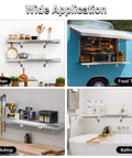 Foldable Concession Shelf for Snack Bars and Carts, 36 by 12 Inches, Stainless Steel, installed in kitchen, food truck, workshop, and bathroom.