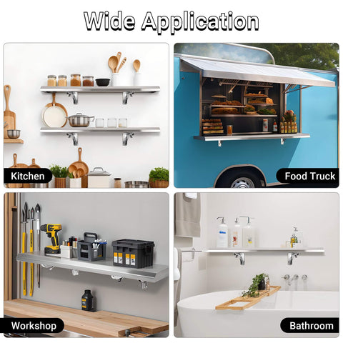 Foldable Concession Shelf for Snack Bars and Carts, 36 by 12 Inches, Stainless Steel, installed in kitchen, food truck, workshop, and bathroom.